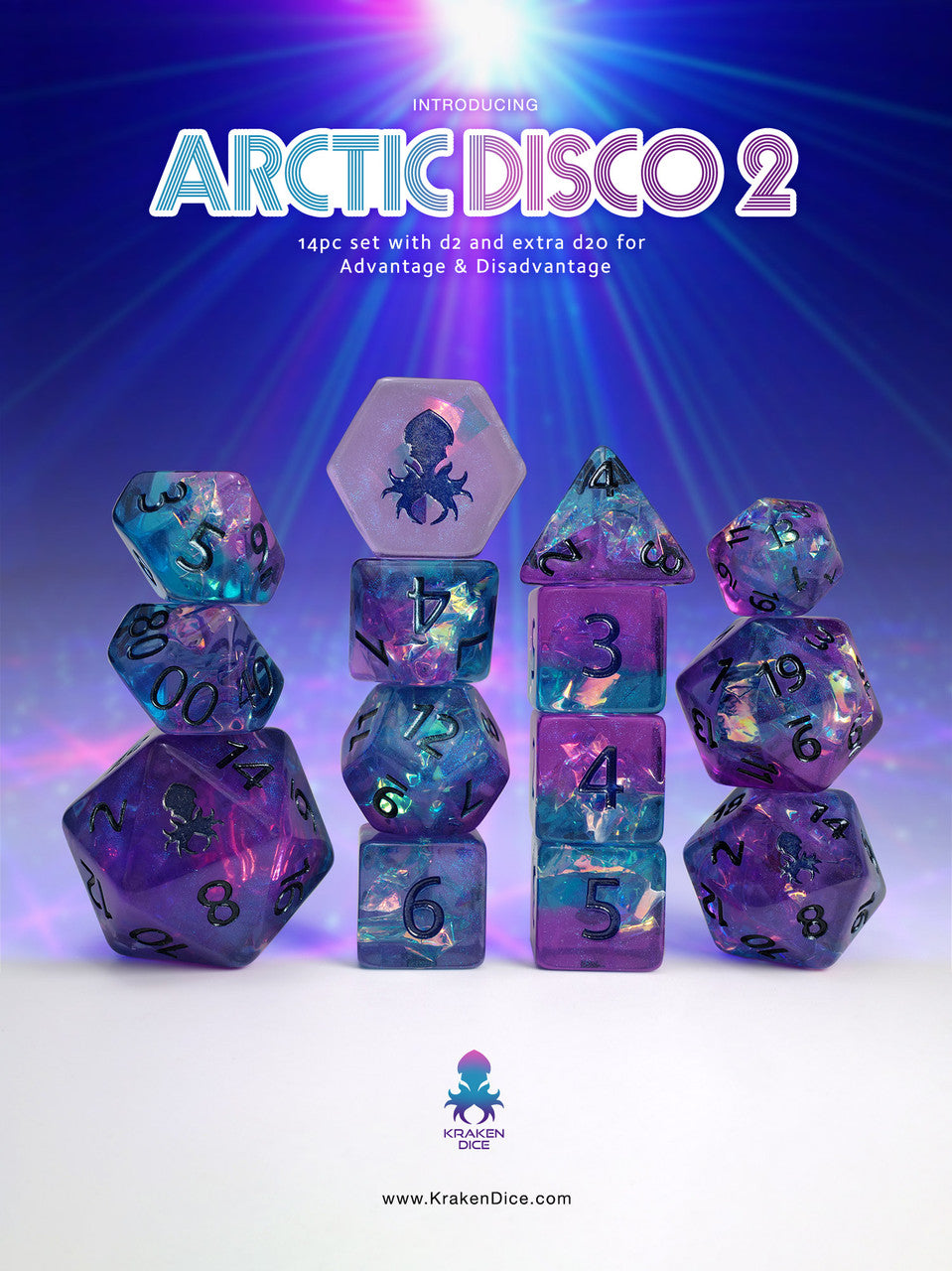 Arctic Disco 2 14pc Dice Set for TTRPG's inked in Blue